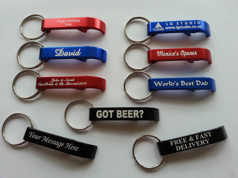 250 x PERSONALISED bottle openers keyrings [blue, green, pink,red]