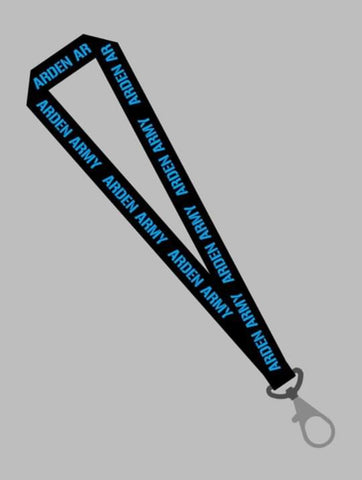 Black printed lanyard with ARDEN ARMY [blue txt, gun play font]