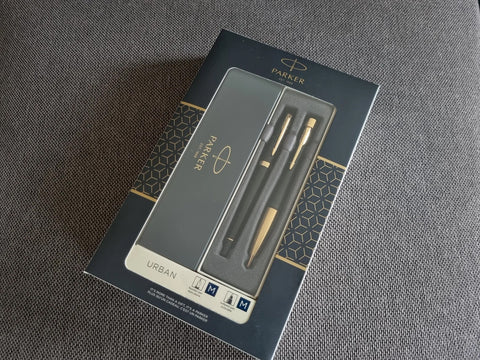 Personalised Engraved Parker Urban Pen & Fountain Pen Set Black Gold Trim Gift Box