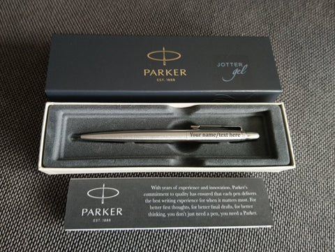 Personalised Parker Jotter Stainless Steel Chrome Trim Pen, Engraved blue ink