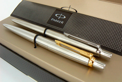 Parker Jotter Gold Pen + Pencil set. Black ink. Box + leather case