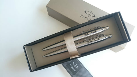 Parker Jotter stainless steel chrome pen + pencil set & velvet pouch